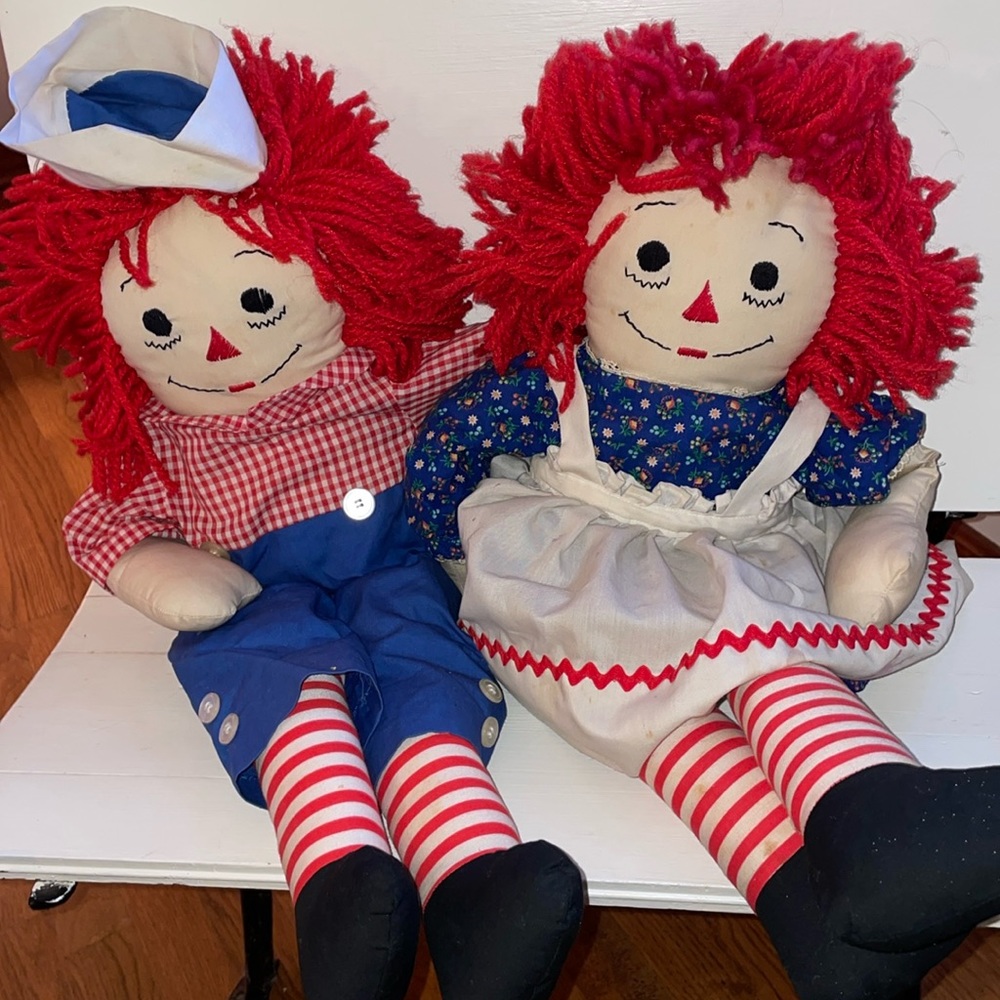 Rare vintage pair of Raggedy Ann and Andy, 25”, hand made by master doll maker